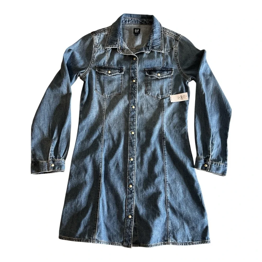 NWT Gap Kids Denim Shirt Dress XXL 14-16 Snap Front Long Sleeve Blue